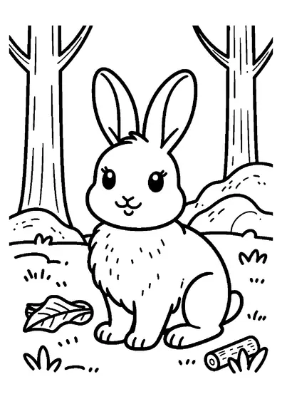 A rabbit sits near a large leaf and tree trunk on a winding path through a pine forest.