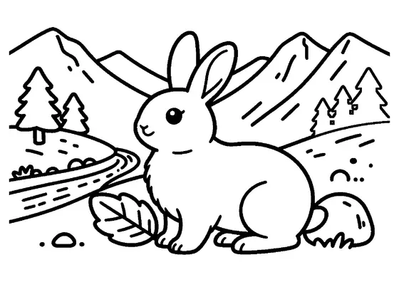 A rabbit stands beside a rock and a broad leaf near a mountain stream.
