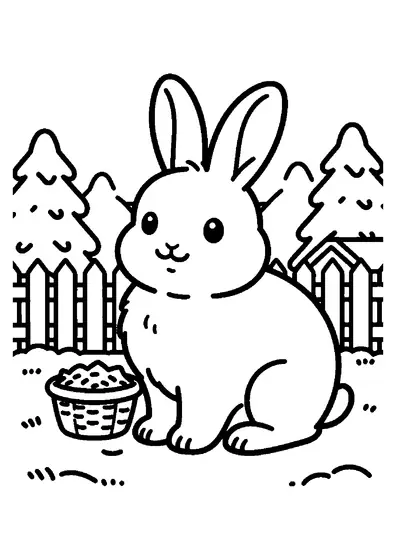 A rabbit sits near a feeder and a basket of hay in a snow-covered garden.