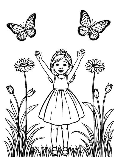 Uma princesa sorridente com diadema levanta os braços para duas borboletas num campo cheio de flores altas e relva, criando áreas de coloração claras.