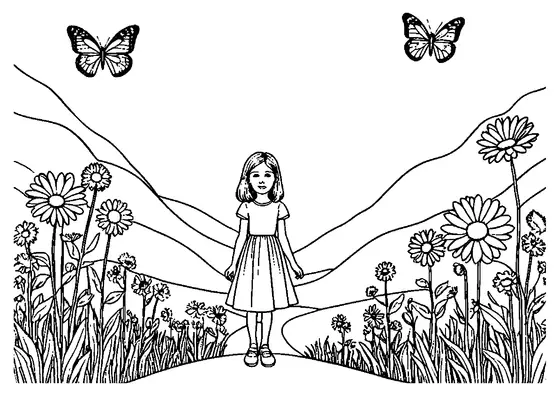 Uma menina num vestido simples está num caminho entre grandes gentianas e borboletas a voar, criando uma adorável imagem para colorir.