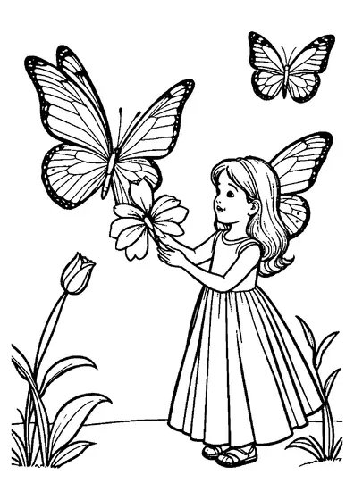 A coloração mostra uma pequena princesa com asas de borboleta a segurar uma flor, rodeada por grandes borboletas e plantas num campo limpo.