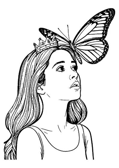 Uma princesa com coroa a olhar para cima para uma grande borboleta com asas abertas dá áreas limpas para colorir.