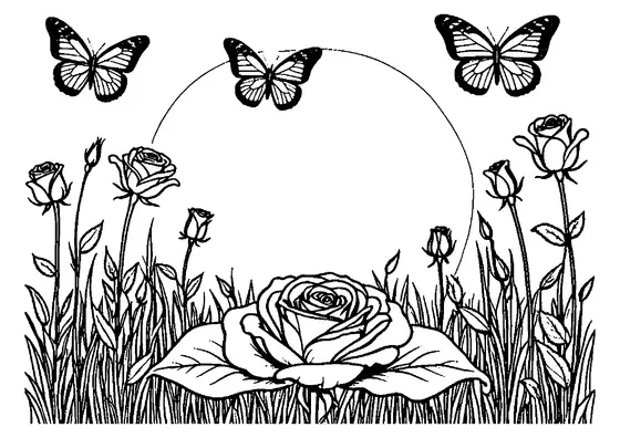 Una gran rosa abierta y varios capullos sobre tallos entre la hierba, con mariposas volando por encima, para que los niños los coloreen.