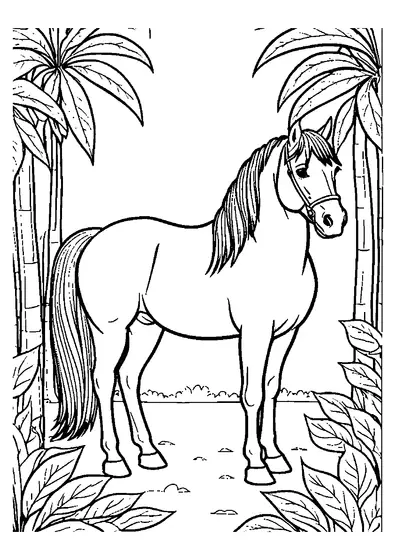 Um cavalo a parar entre palmeiras exóticas e grandes folhas com áreas limpas para colorir para crianças