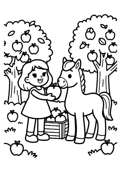Mädchen im Sommerkleid, das einem Pony unter einem Apfelbaum einen roten Apfel reicht.