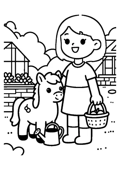 Ein Mädchen mit Bobfrisur und Latzhose steht neben einem Pony in einem Garten voller Kräuter.