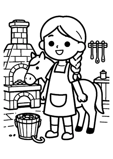 Ein Mädchen mit Zöpfen füttert in einer Schmiede neben Amboss und Hafereimer ein Pony.