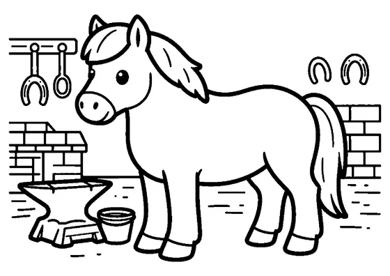 Pony auf dem Hof der Schmiede neben einem Amboss und einem Gefäß mit Wasser für den Schmied.
