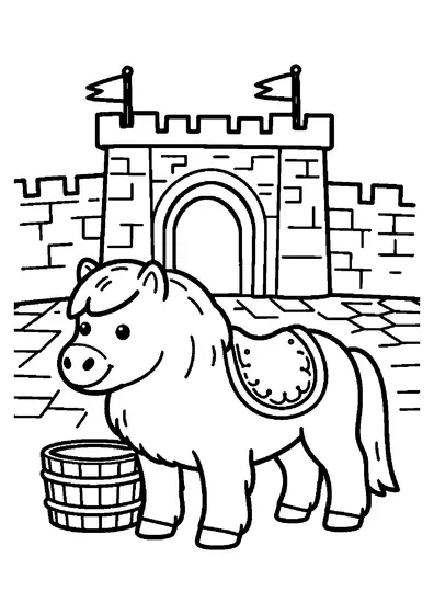 Shetlandpony mit einer verzierten Schabracke auf dem steinernen Innenhof einer Burg.