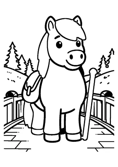 Shetlandpony, das eine Steinbrücke über einem Gebirgsbach überquert.