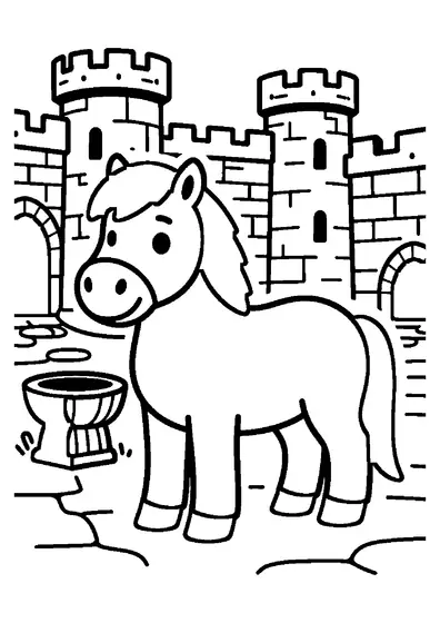 Un ponei Shetland lângă un jgheab de piatră cu apă, în curtea unui castel.