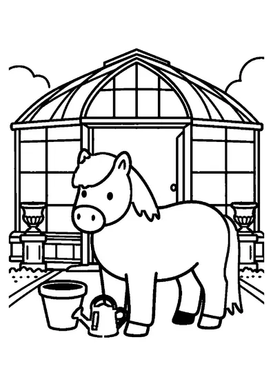 Shetlandpony vor einer gläsernen Orangerie neben einem Tontopf und einer Gießkanne aus Messing.