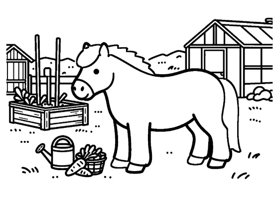 Shetlandpony am Hochbeet eines Gemüsegartens neben einer Gießkanne und einem Korb voller Karotten.