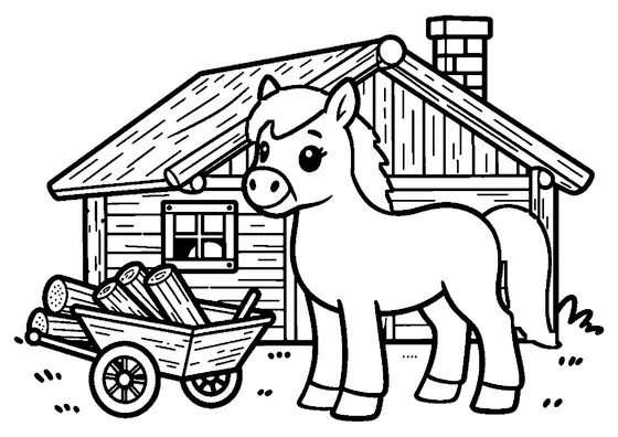 Pony neben einem Stapel ordentlich geschichteten Kaminholzes bei einer Holzhütte.
