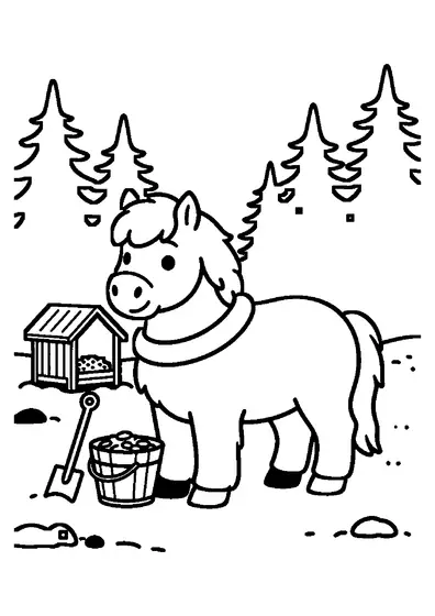 Winterliches Pony mit Decke an einer hölzernen Futterraufe voller Heu.