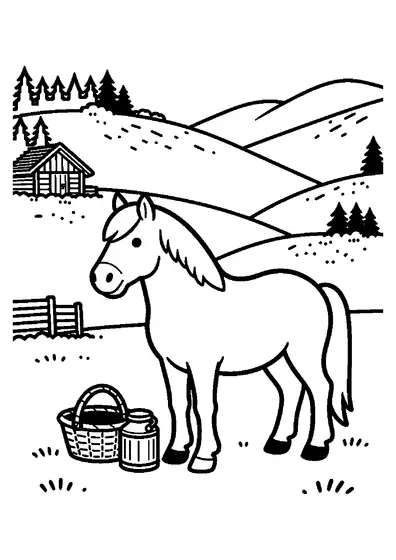 Ein Welsh-Pony steht auf einer Bergalm neben einer Hirtenhütte und einem Holzkorb mit Lederbespannung.