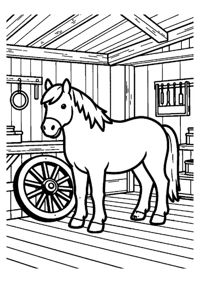 Ein Welsh-Pony steht in einer Stellmacherwerkstatt neben einem großen Holzrad und verschiedenen Werkzeugen.