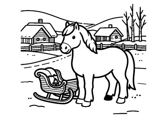 Ein Welsh-Pony steht mit einem Holzschlitten vor verschneiten Häusern auf dem Land.