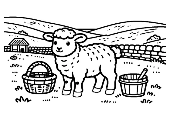 Lamm neben einem Wollkorb auf einem blühenden Kreidehang mit einer Hirtenhütte.