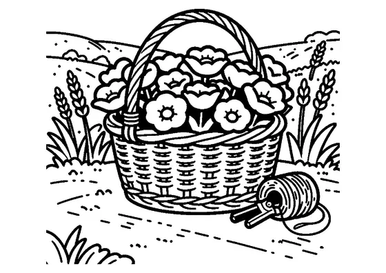 Dibujo para colorear de una cesta de mimbre con amapolas en un camino junto a tijeras de podar y ovillo de cuerda.