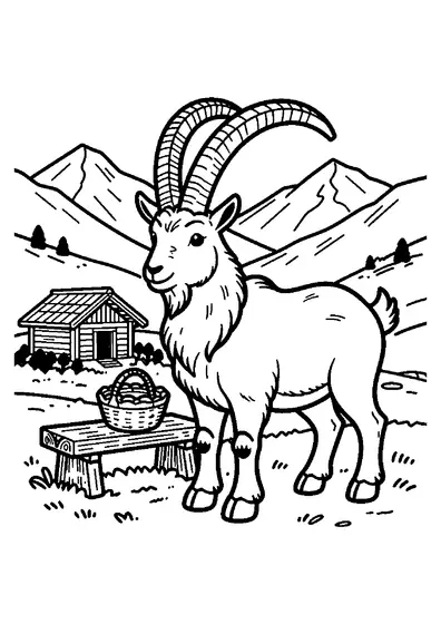 Un ibex alpin stă lângă o bancă din lemn, într-o pajiște montană înflorită.