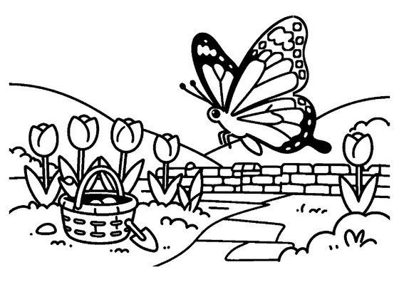 Ein prächtiger Schmetterling mit gemusterten Flügeln schwebt über einem blühenden Beet mit bunten Tulpen.