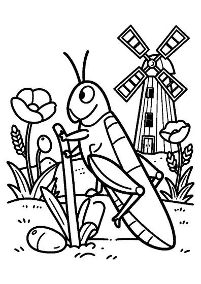 Ein grüner Grashüpfer sitzt auf einer schlanken Grasähre direkt neben einer aufgeblühten Mohnblume.