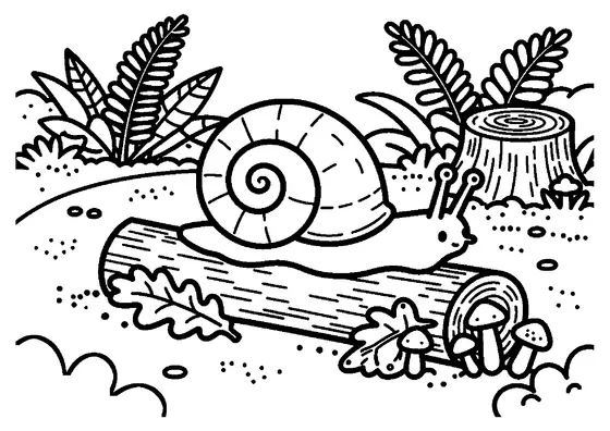 Un caracol de jardín avanza sobre un tronco junto a una hoja de roble, varias setas, un tocón, helechos y un sendero sinuoso.