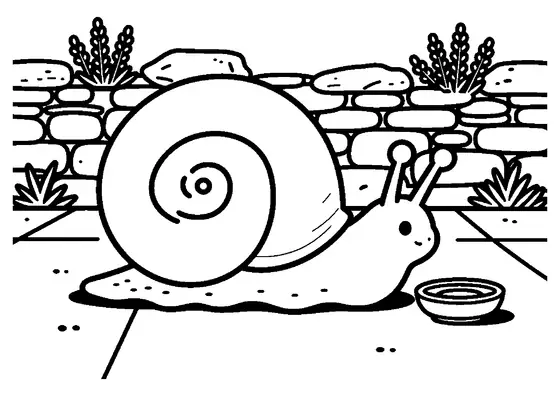 Dibujo para colorear de un caracol romano con caparazón en espiral junto a un muro de piedra.