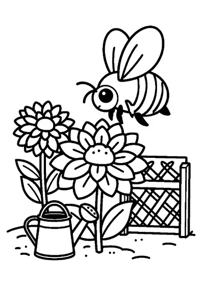 Un abejorro volando sobre dalias en flor junto a una regadera y unos guantes de jardinería.