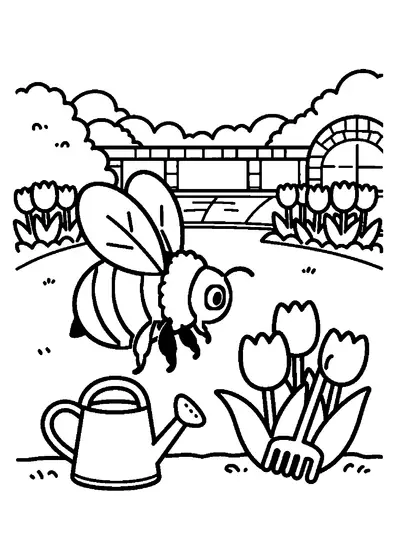 Eine große Hummel fliegt über Tulpen in einem gepflegten Garten.