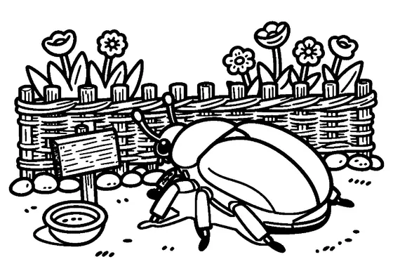 Un gran escarabajo de mayo camina junto a una cerca de sauce trenzado entre flores, piedras y objetos de jardinería.