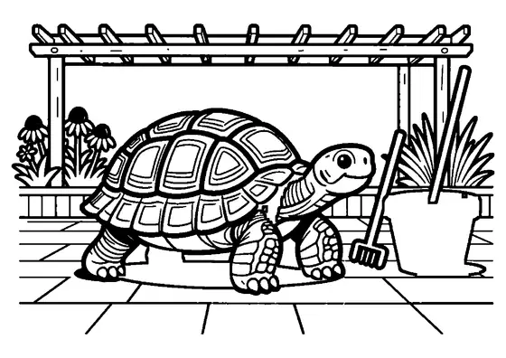 Schildkröte neben Pflanztopf und Harke in einem Präriegarten voller Sonnenhüte und Gräser.