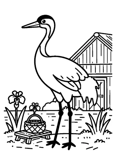 Una majestuosa grulla de pie junto a un estanque entre lirios amarillos y pasarelas de madera.