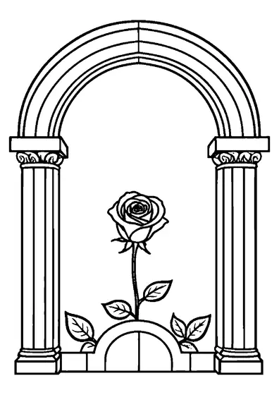 Una rosa con hojas bajo un arco clásico con columnas, dibujada con contornos limpios y grandes espacios blancos para colorear.
