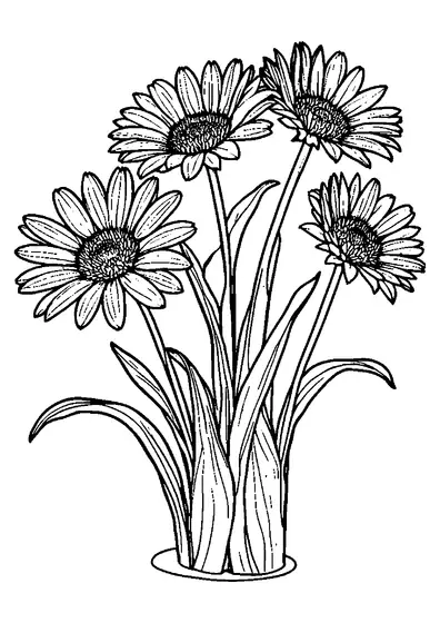Un bouquet composto da quattro gerbere sbocciate con lunghe foglie e petali distinti, da colorare per i bambini.