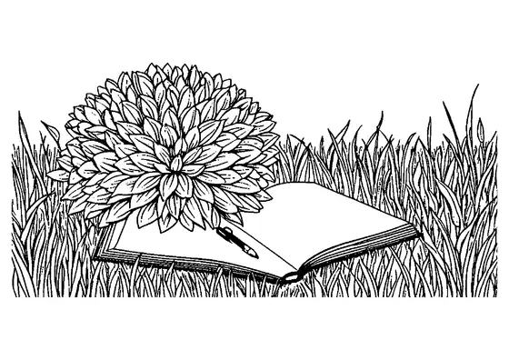 Uma flor de dália grande deitada sobre um livro aberto com uma caneta em meio à grama densa oferece áreas limpas para colorir para crianças.