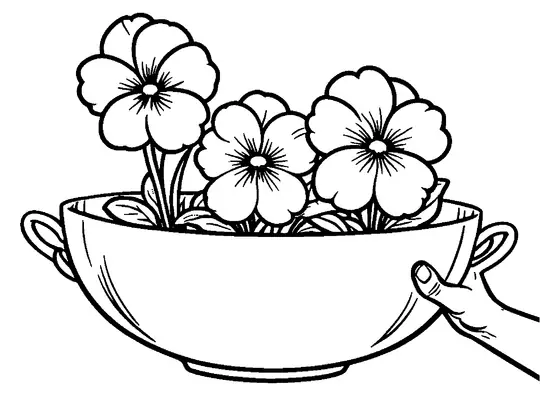 Une main tient une coupe contenant trois grandes pensées, avec de larges pétales blancs et une surface facile à colorier.