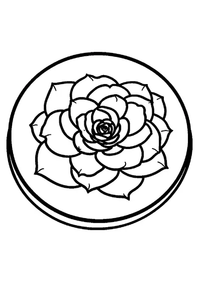 Una camelia completamente sbocciata adagiata su un vassoio rotondo, con strati di petali da colorare per bambini.
