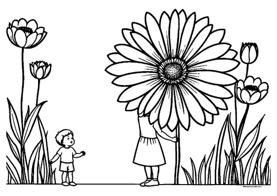 Una mamma tiene un fiore gigante in un prato mentre il figlioletto le sta accanto, con tulipani da colorare.