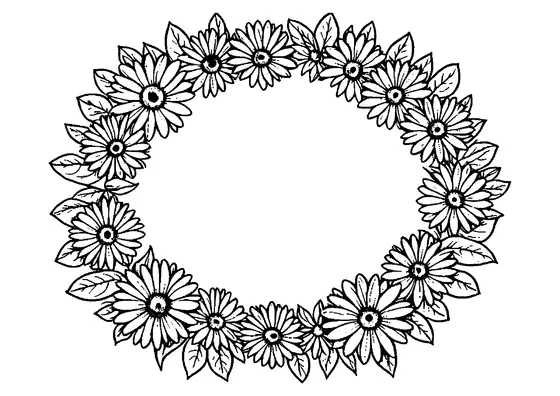 Uma coroa de margaridas composta por flores com pétalas limpas e folhas verdes ao redor de um centro vazio, ideal para colorir para crianças.