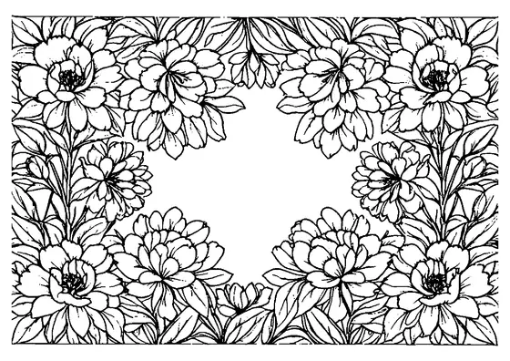 Moldura floral de grandes peônias e folhas a envolver um centro vazio com contornos de pétalas limpos para colorir com lápis de cor.
