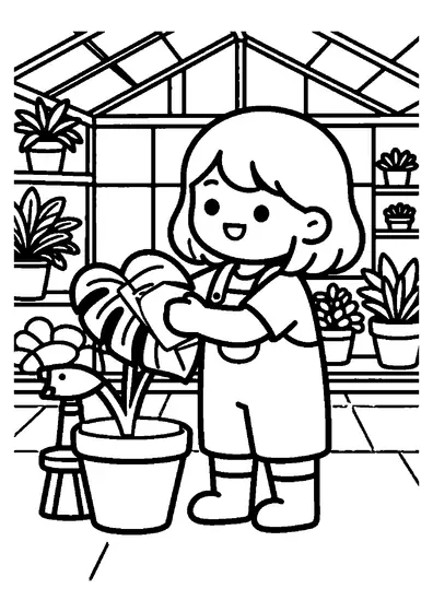 Coloriage avec une fille qui s'occupe d'un monstera dans une serre à domicile pleine de plantes.