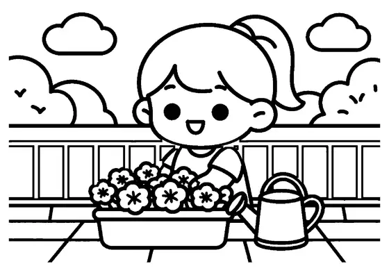 Une fille installe une grande jardinière de pétunias près d’un arrosoir, sur un balcon spacieux.