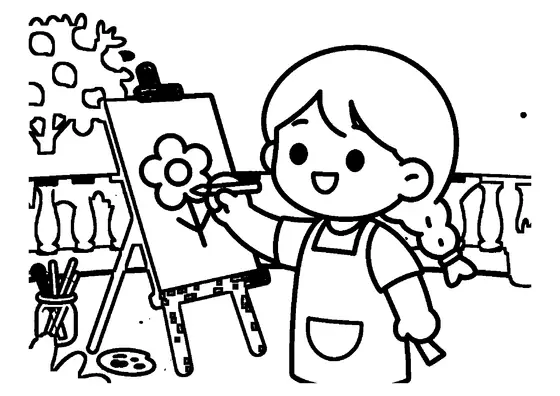 A girl in an apron painting flowers at an easel on a sunny patio