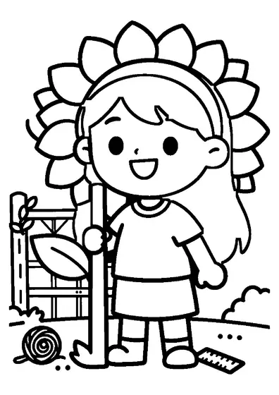 Una bambina tiene un metro da sarto accanto a un alto girasole e a un traliccio da giardino.