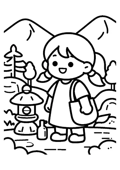 A girl with pigtails admiring a stone rock garden filled with miniature alpine plants