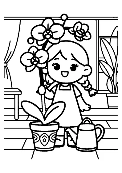Une fille essuie les grandes feuilles d’une orchidée placée dans un large pot décoratif.