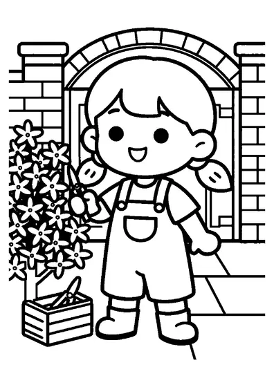 A girl with two ponytails using garden shears to prune forsythia branches beside a wall.
